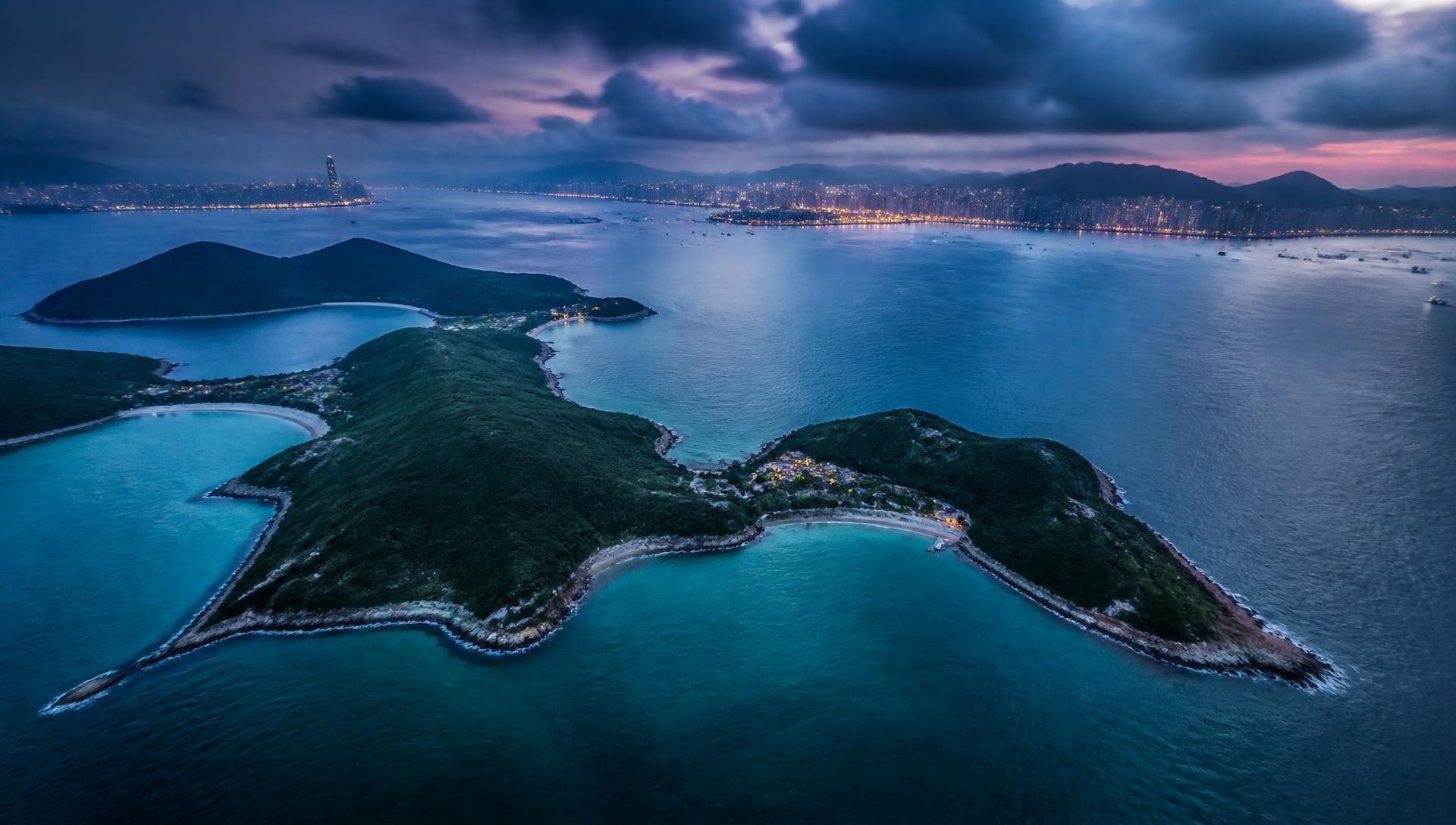 Aerial view of Hong Kong's islands and coastline at dusk