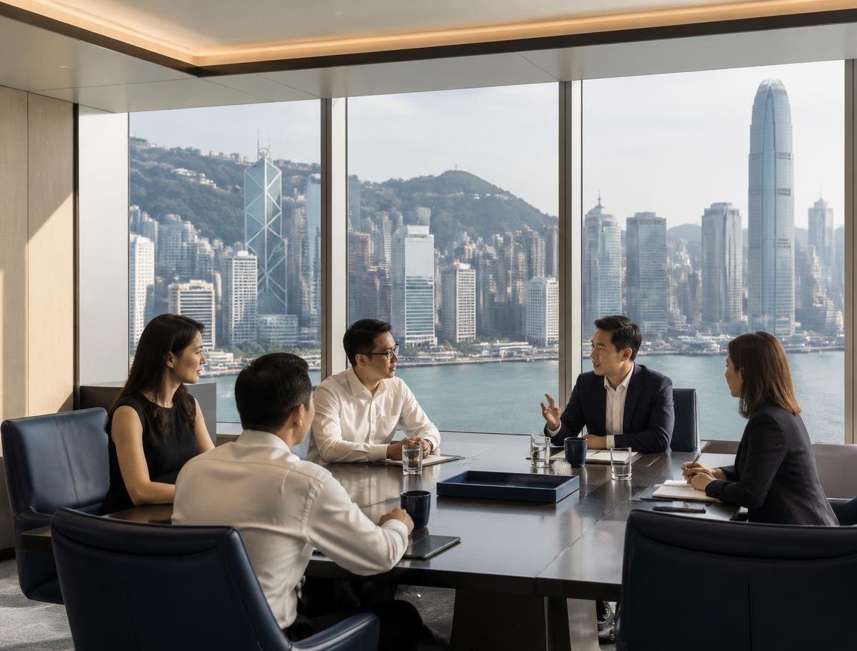 Executives meeting above Hong Kong's skyline and Victoria Harbour