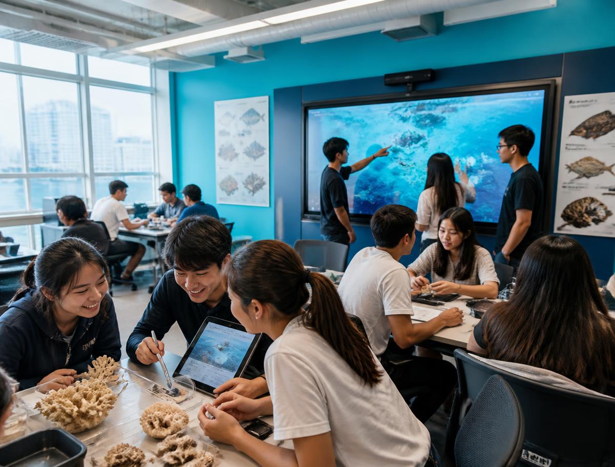 Students collaborating around marine specimens and a digital learning board