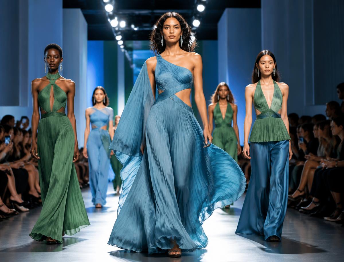 Models wearing sustainable ocean-blue and green designs on a runway