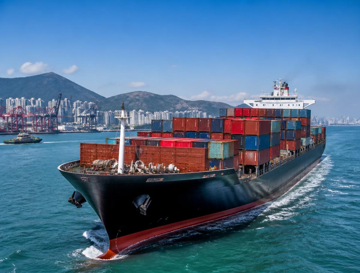 Commercial container ship navigating a Hong Kong shipping channel