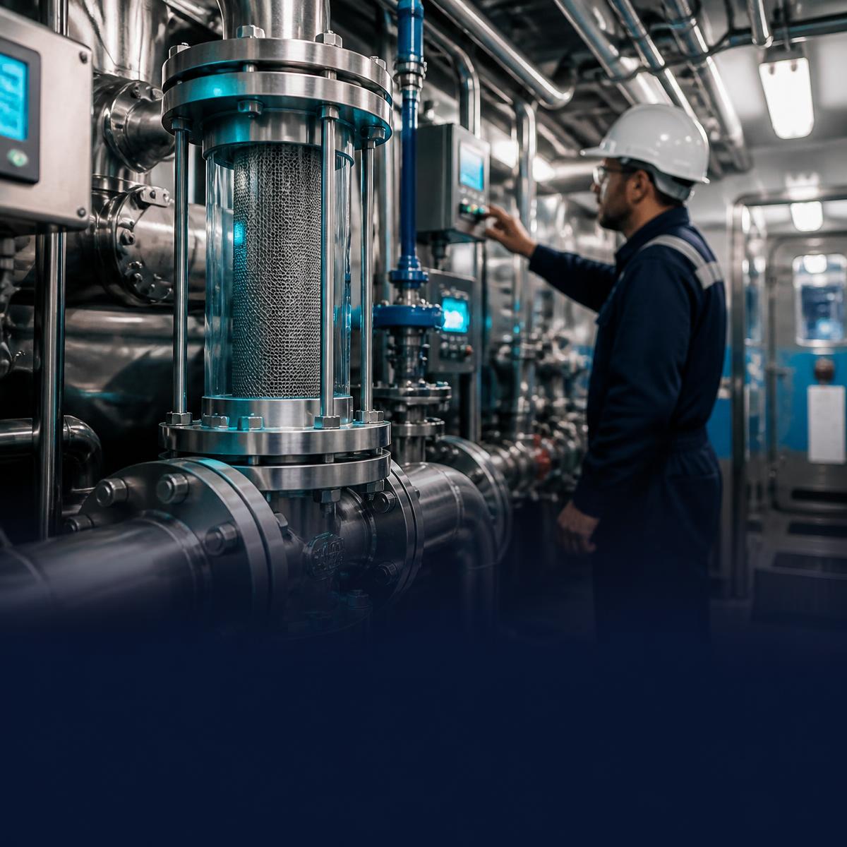 Maritime engineer monitoring ballast-water filtration equipment and digital sensors