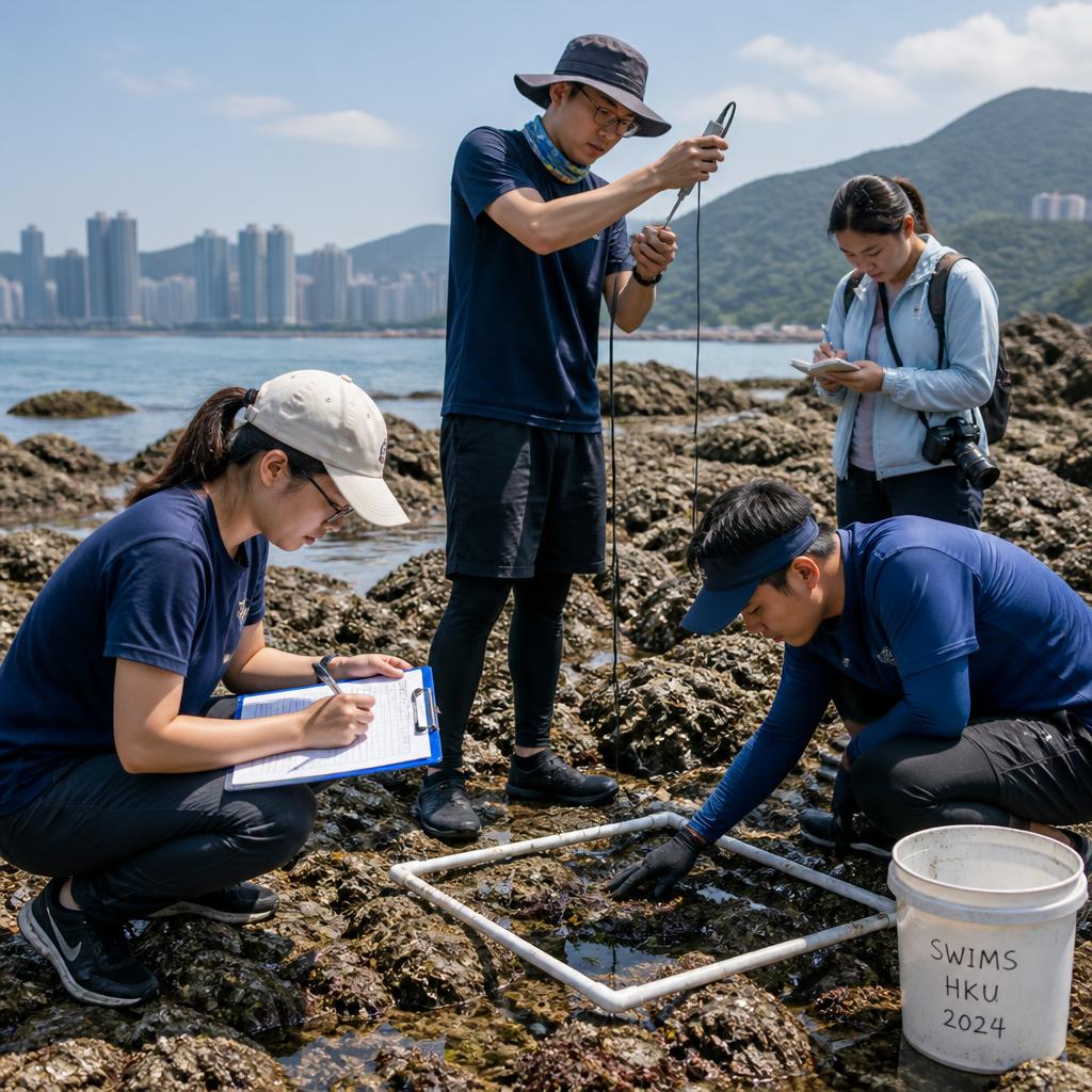 Marine scientists taking environmental measurements on a Hong Kong rocky shore