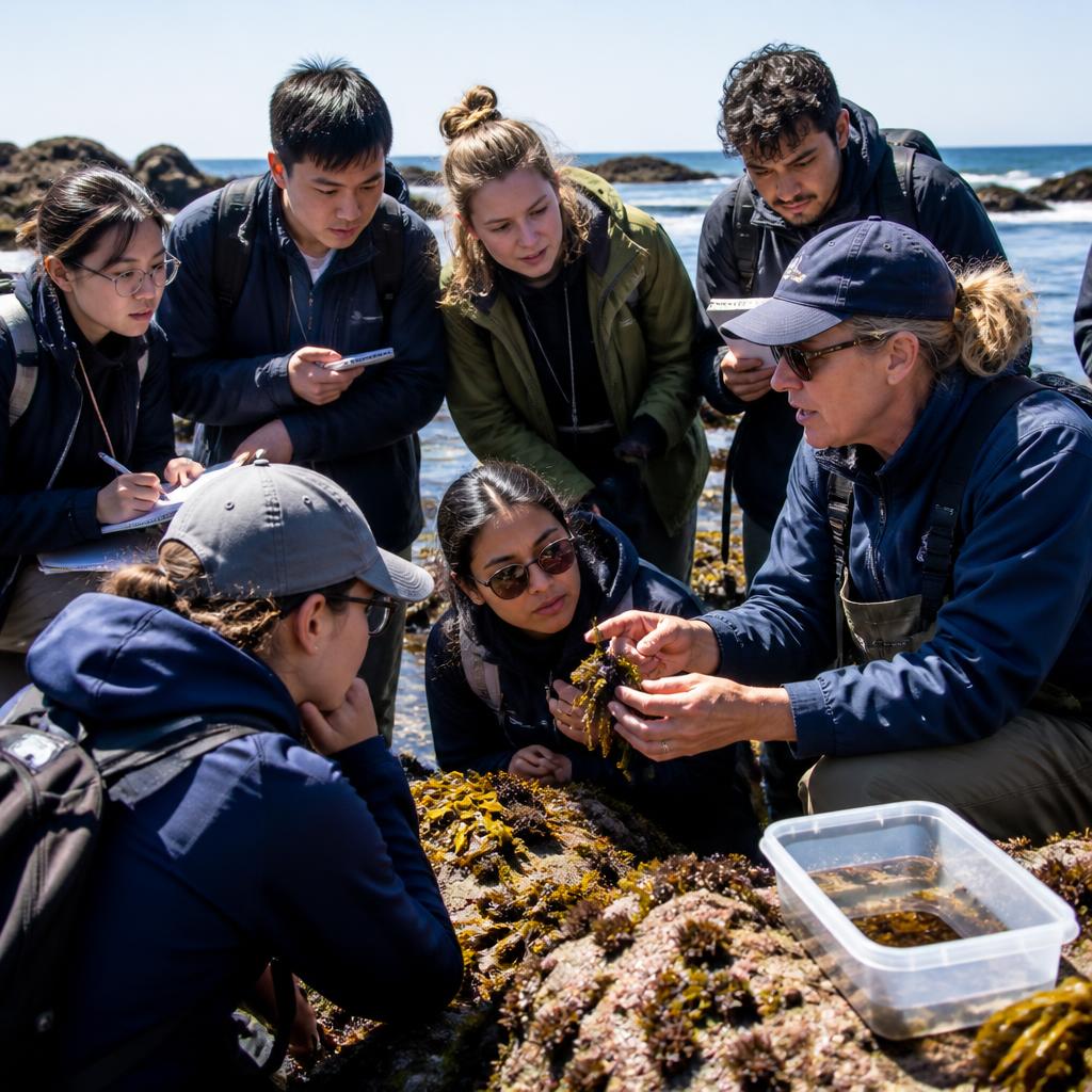 Marine scientist giving participants a field lecture on a rocky shore