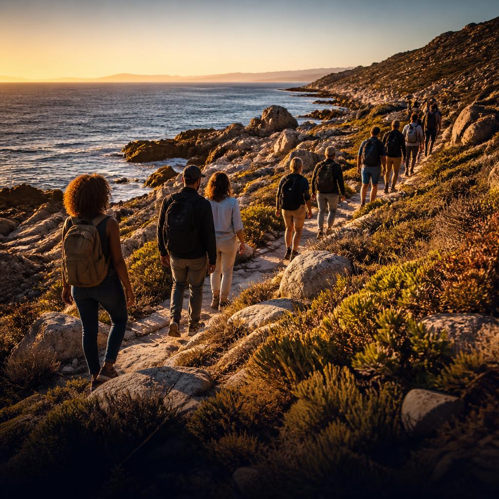 A line of participants walking a rocky coastal trail at golden hour