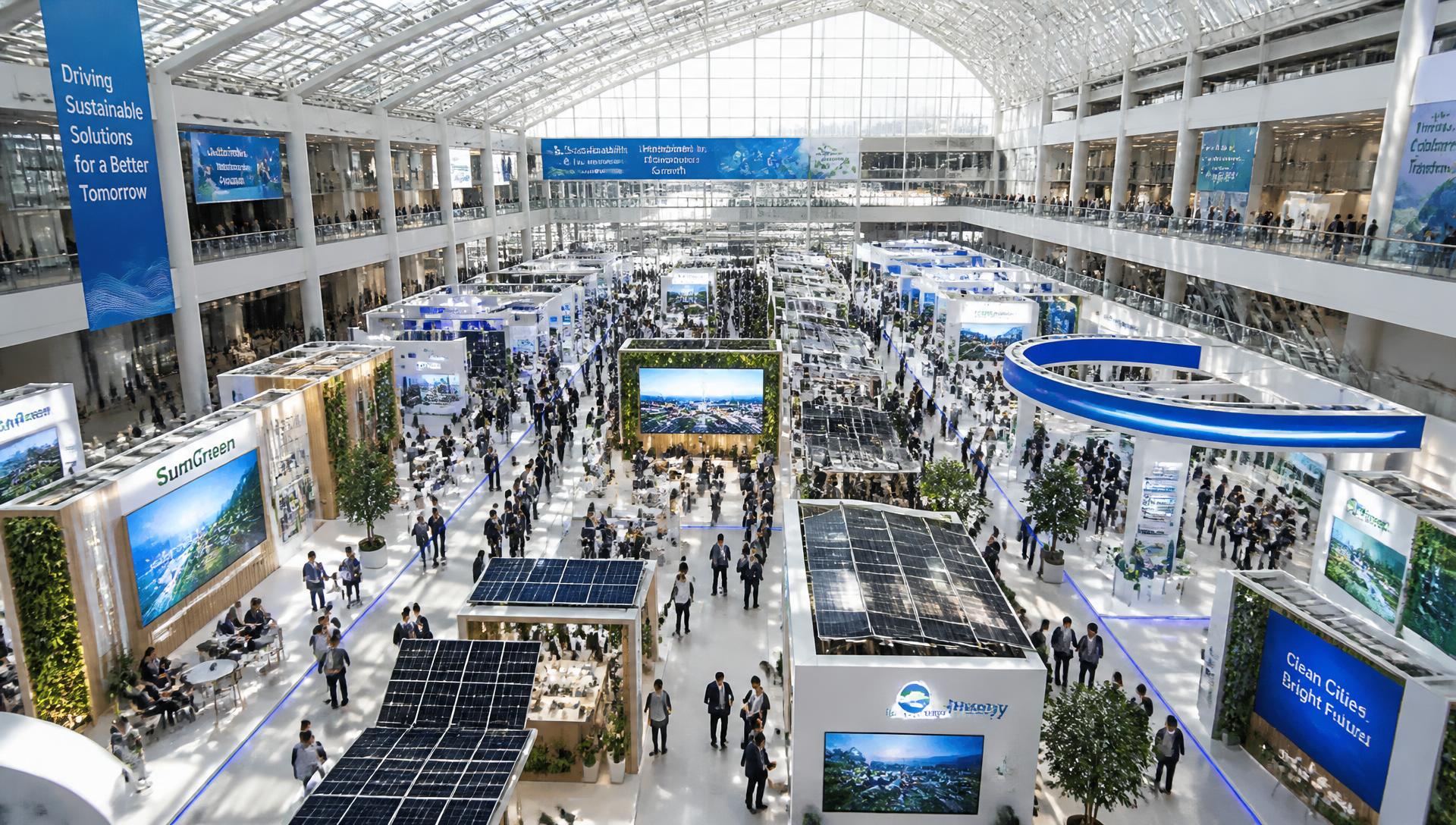 Busy modern exhibition hall filled with sustainability booths and corporate attendees