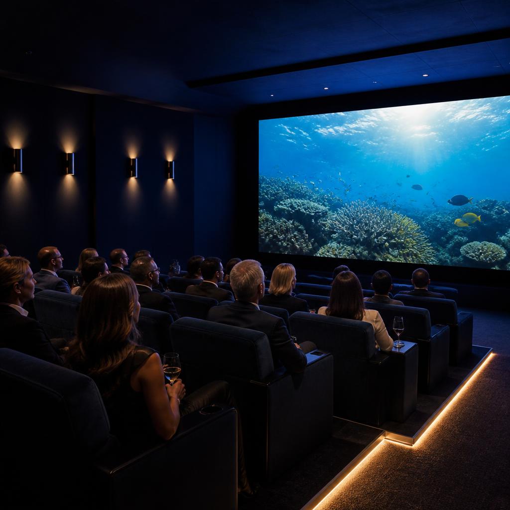 Audience watching an ocean documentary in a modern private cinema