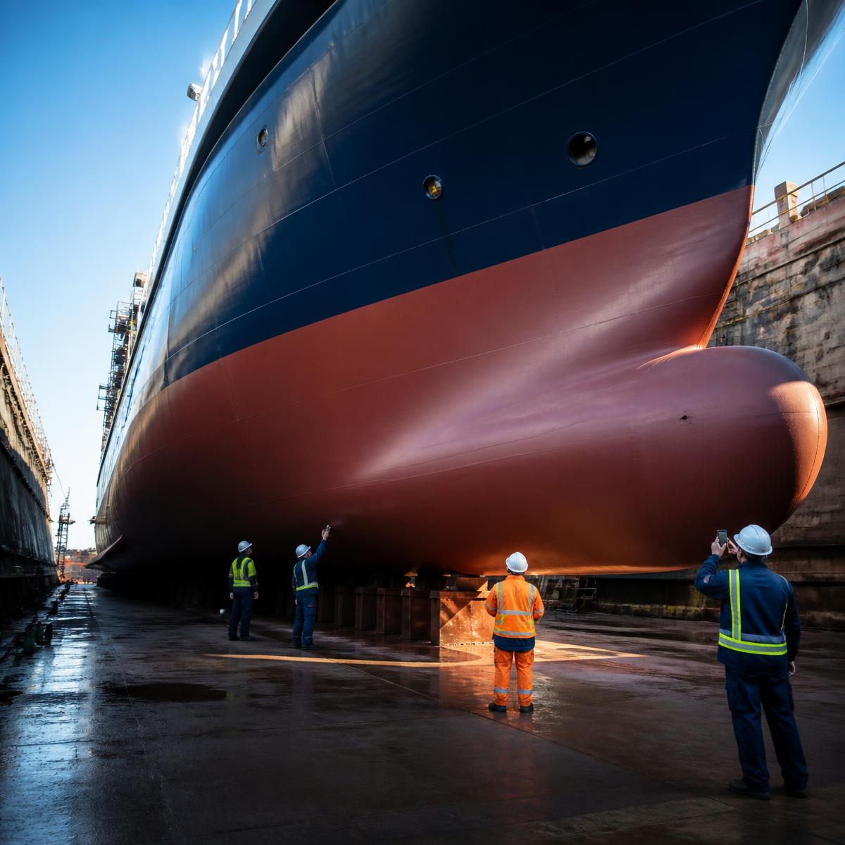 Marine inspectors evaluating the clean hull of a commercial ship in drydock