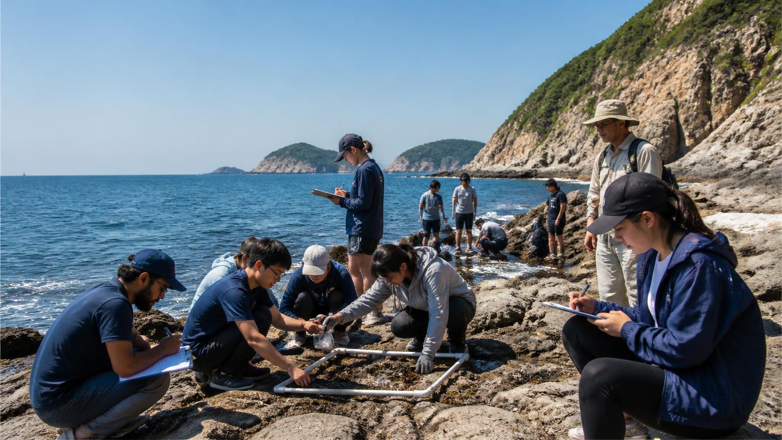 Students measuring intertidal organisms with a PVC quadrat on a rugged rocky shore
