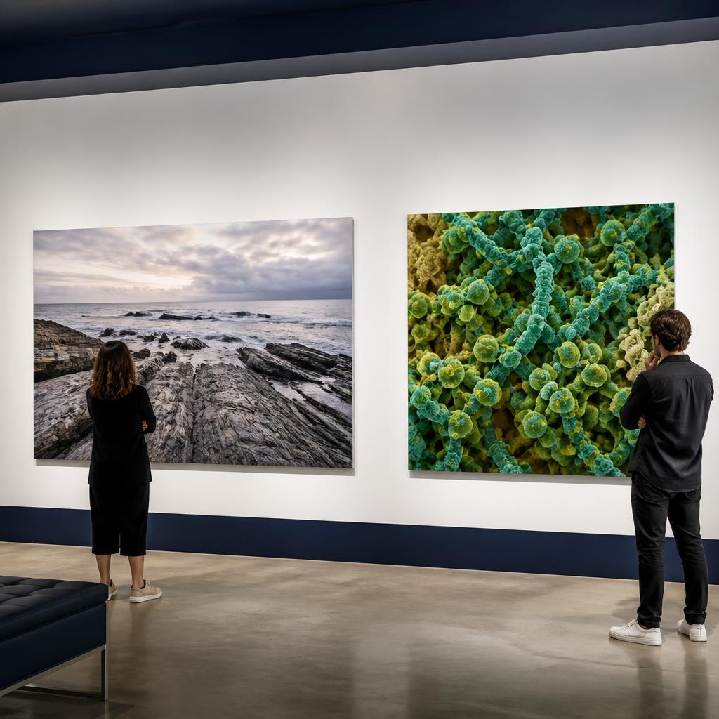 Gallery visitors studying rocky-shore and cyanobacteria photographic prints