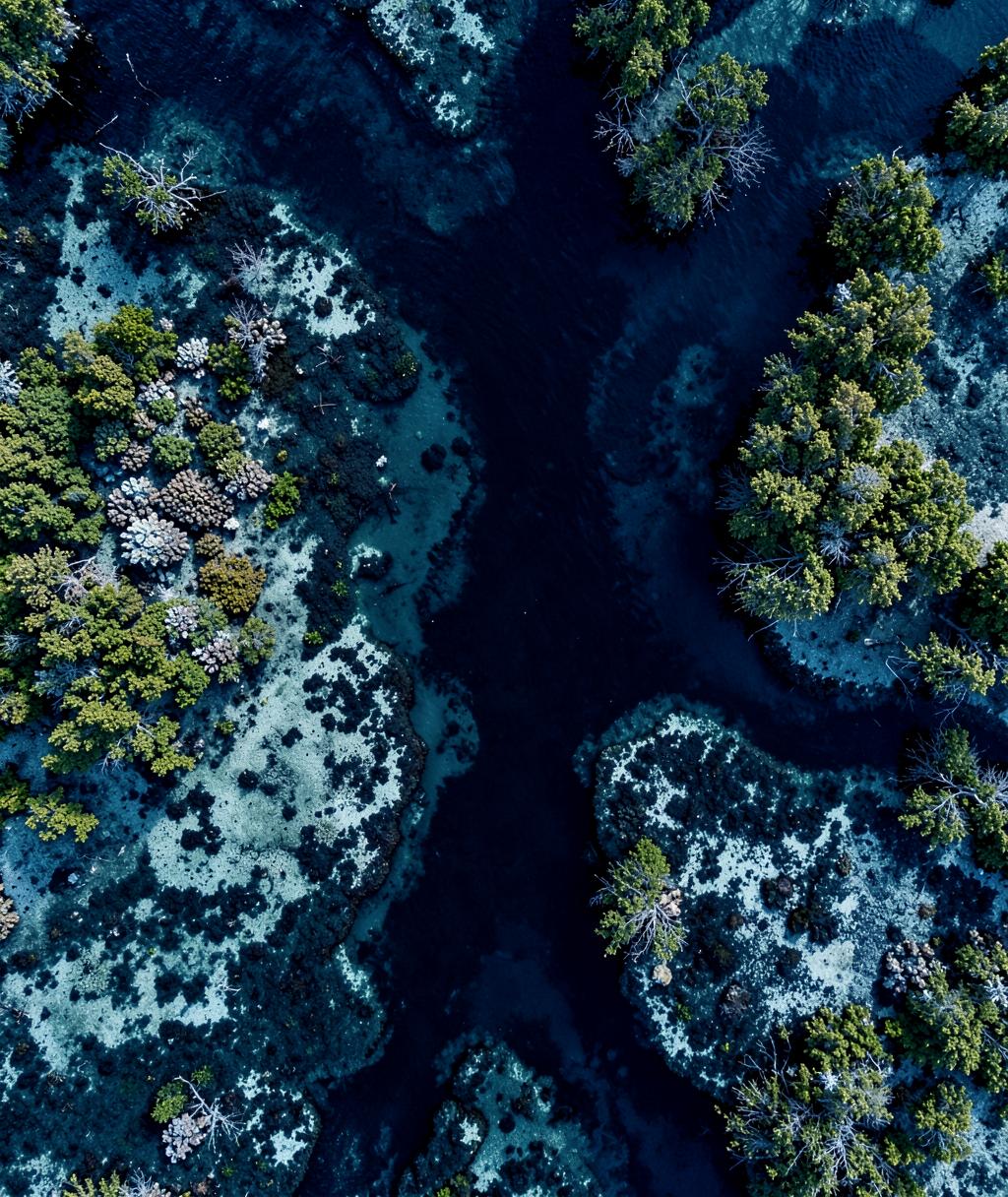 Aerial top-down view of shallow coral beds and mangrove estuary channels