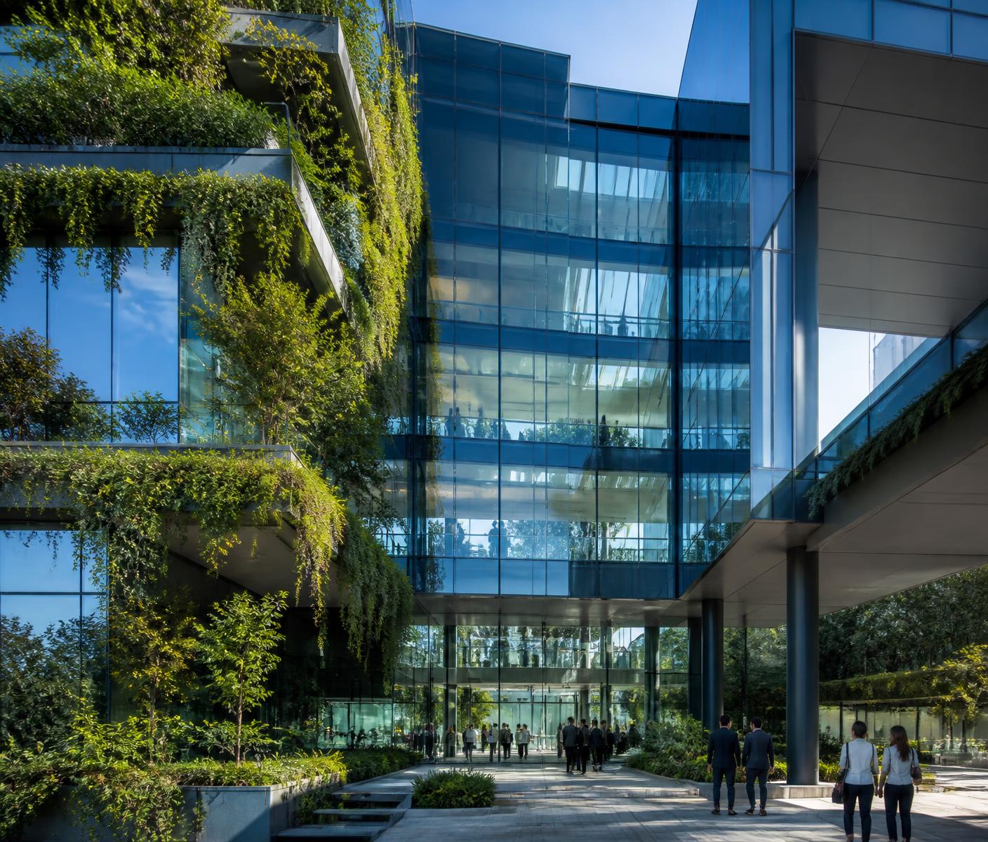 Modern glass corporate building with living green walls and vertical gardens
