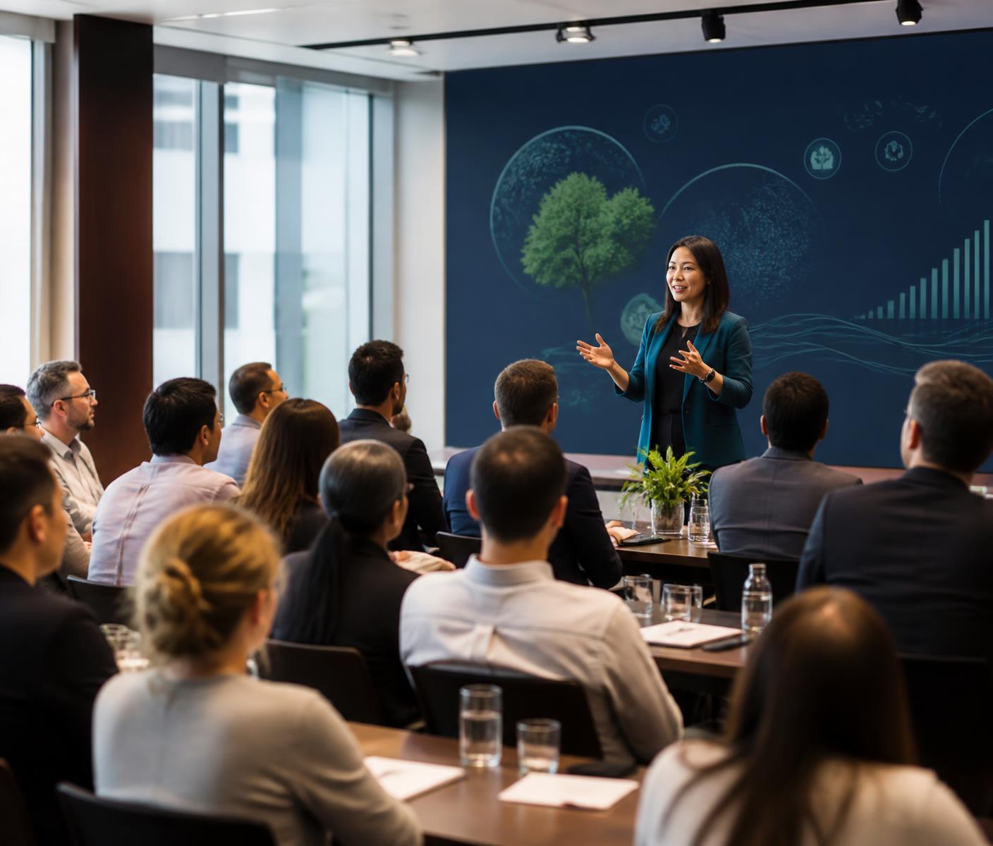 Speaker leading an ESG training seminar for corporate employees
