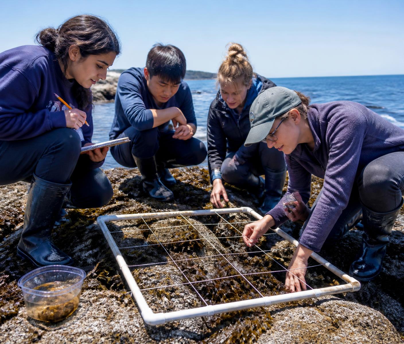 Students measuring intertidal wildlife with a PVC quadrat on a rocky shore