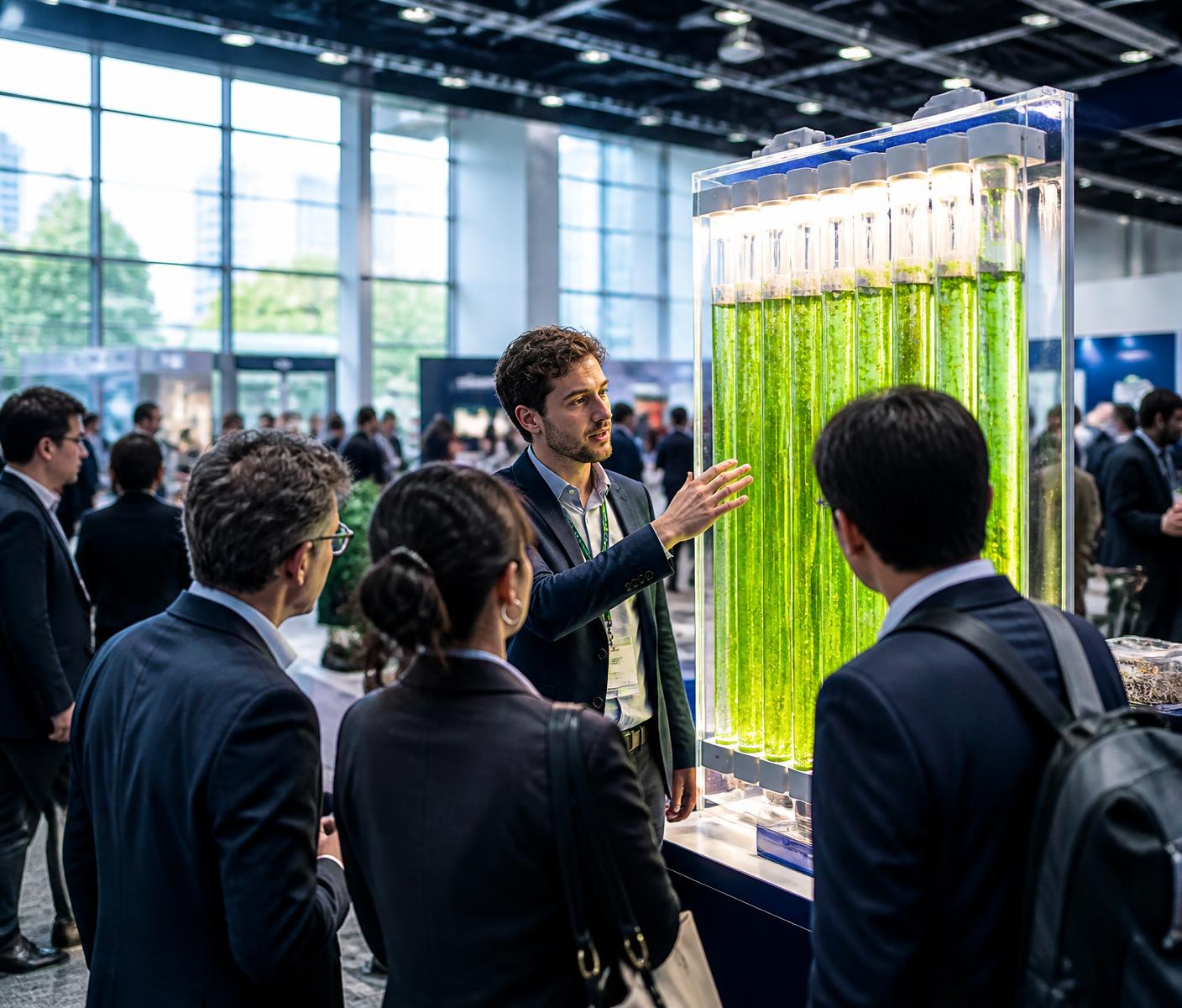 Professionals viewing an illuminated algal bioreactor at a green innovation summit