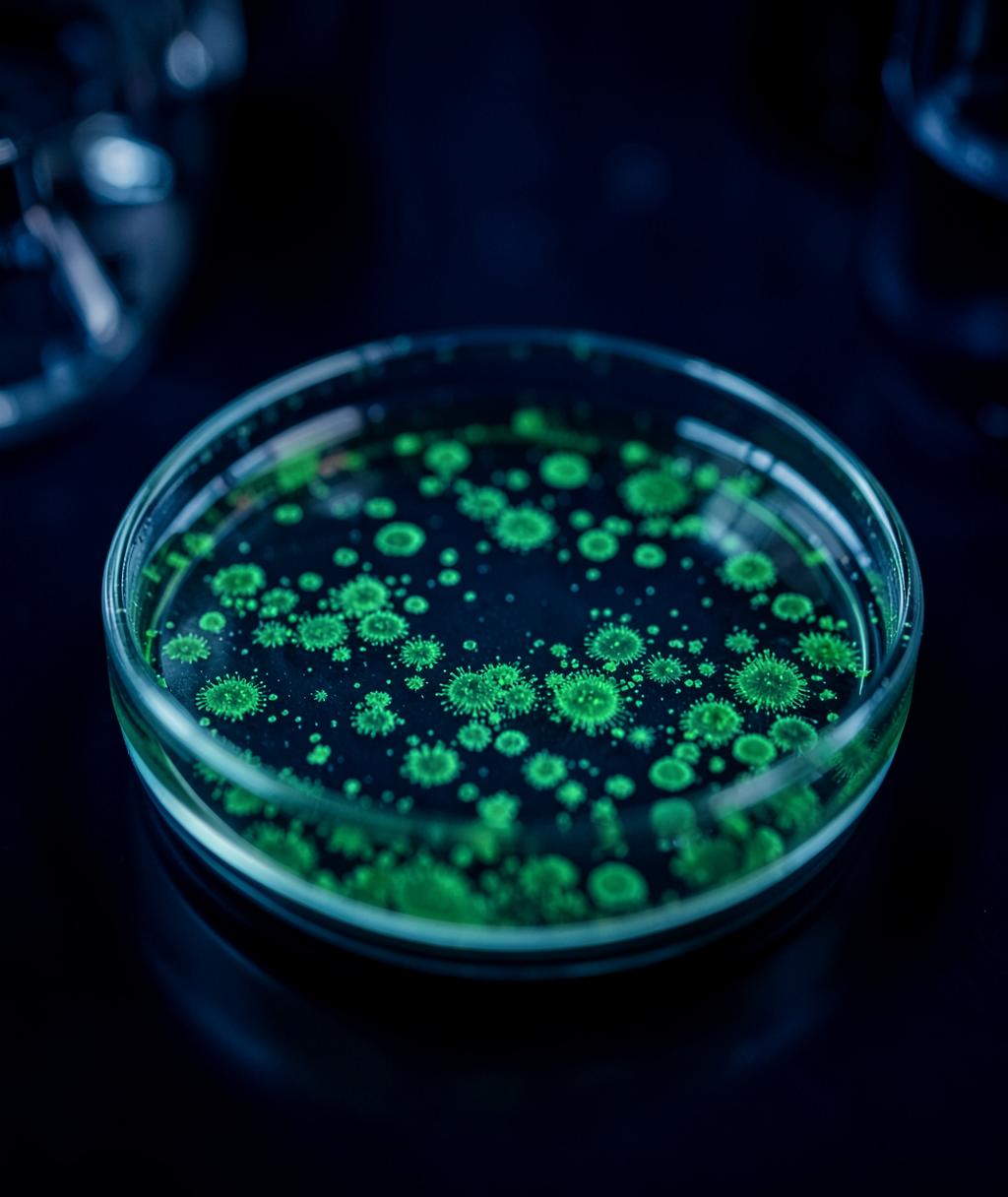 Petri dish of green cyanobacteria cultures in a dark laboratory