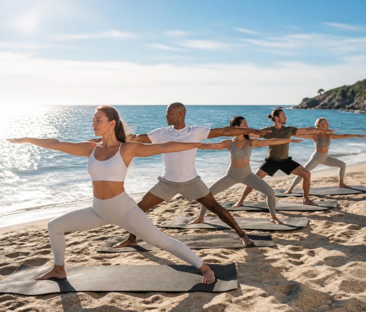 Group practicing yoga on a sandy beach beside the ocean in morning light